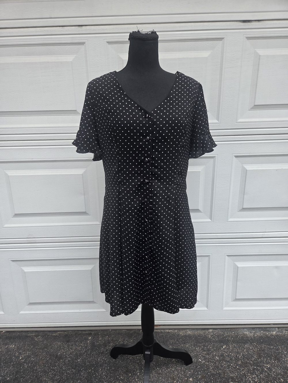 Francesca's Black White Polka Dot Mini Dress Button Front Flutter Sleeve L NWT